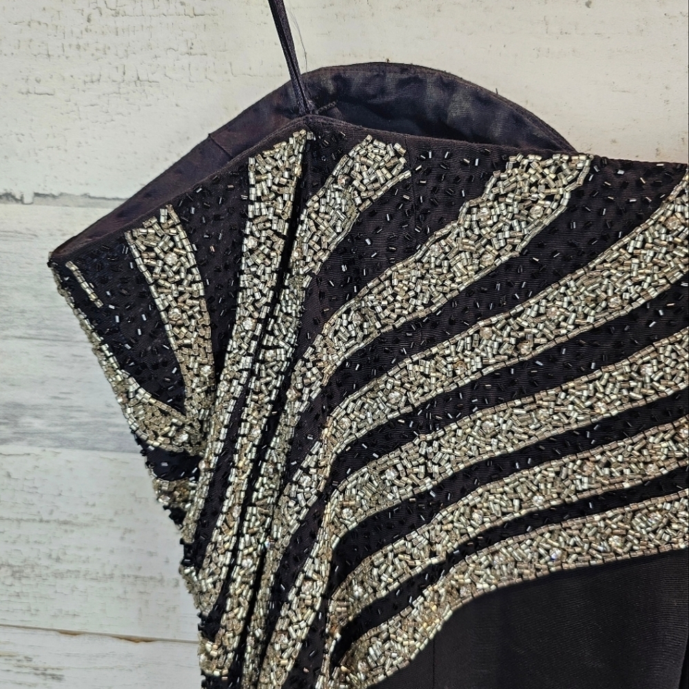 VTG Cassandra Stone Elegant Black Silver Beaded Evening Dress Side Slit Sz 12 - Picture 11 of 14